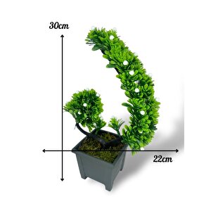 Yapay Çiçek Bonsai Ağacı Beyaz Eğik Model Dekoratif Yapay Ağaç Bonzai 30*22 Cm Siyah Kare Saksıda