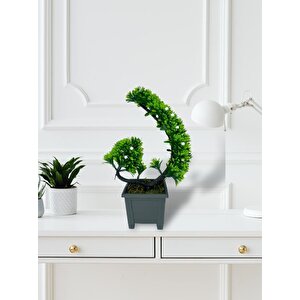 Yapay Çiçek Bonsai Ağacı Beyaz Eğik Model Dekoratif Yapay Ağaç Bonzai 30*22 Cm Siyah Kare Saksıda