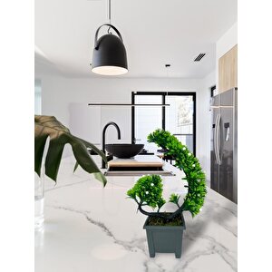 Yapay Çiçek Bonsai Ağacı Beyaz Eğik Model Dekoratif Yapay Ağaç Bonzai 30*22 Cm Siyah Kare Saksıda