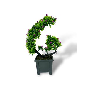 Yapay Çiçek Bonsai Ağacı Mor Eğik Model Dekoratif Yapay Ağaç Bonzai 30*22 Cm Siyah Kare Saksıda