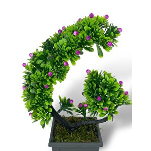 Yapay Çiçek Bonsai Ağacı Mor Eğik Model Dekoratif Yapay Ağaç Bonzai 30*22 Cm Siyah Kare Saksıda