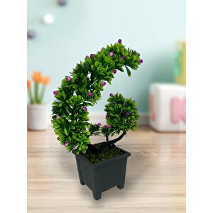 Yapay Çiçek Bonsai Ağacı Mor Eğik Model Dekoratif Yapay Ağaç Bonzai 30*22 Cm Siyah Kare Saksıda