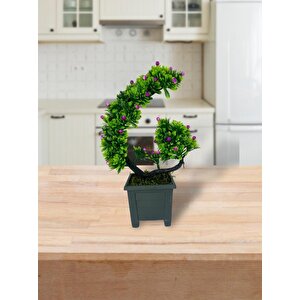 Yapay Çiçek Bonsai Ağacı Mor Eğik Model Dekoratif Yapay Ağaç Bonzai 30*22 Cm Siyah Kare Saksıda