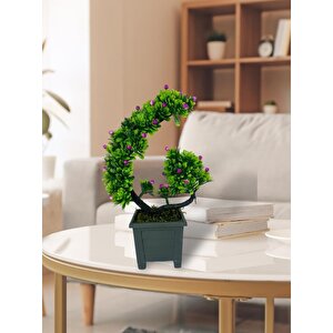 Yapay Çiçek Bonsai Ağacı Mor Eğik Model Dekoratif Yapay Ağaç Bonzai 30*22 Cm Siyah Kare Saksıda