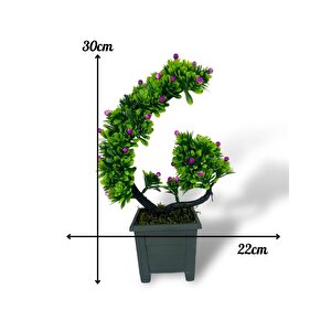 Yapay Çiçek Bonsai Ağacı Mor Eğik Model Dekoratif Yapay Ağaç Bonzai 30*22 Cm Siyah Kare Saksıda