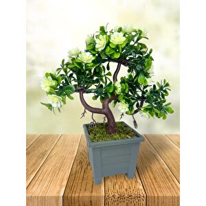 Yapay Çiçek Beyaz Çiçekli Bonsai Ağacı Dekoratif Yapay Ağaç Bonzai 29*24 Cm Siyah Kare Saksıda