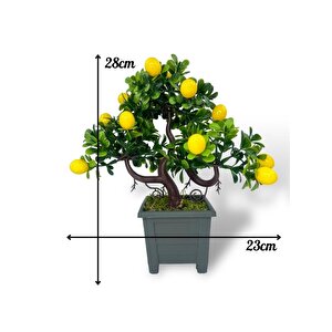 Bonsai Limon Ağacı Dekoratif Yapay Ağaç Yeşil Bonzai 28*23 Cm Siyah Kare Saksıda