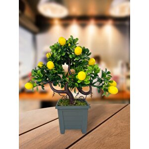 Bonsai Limon Ağacı Dekoratif Yapay Ağaç Yeşil Bonzai 28*23 Cm Siyah Kare Saksıda