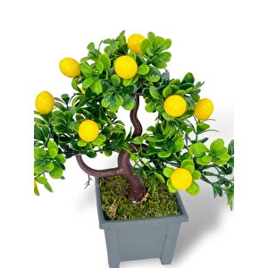 Bonsai Limon Ağacı Dekoratif Yapay Ağaç Yeşil Bonzai 28*23 Cm Siyah Kare Saksıda
