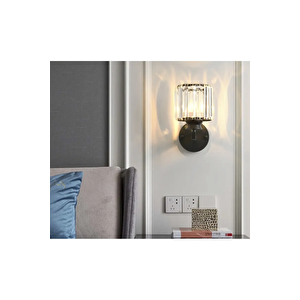 Modern Luxury Pilli Aplik Kristal Taşlı Ledli Aplik Tak Çalıştır Mat Siyah Gövde