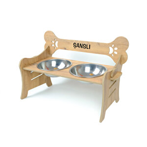 Özel İsim Baskılı, Ahşap, Kademeli, Çelik Kaseli, Eğimli, Büyük Irk Köpek Mama - Su Kabı-2*1000 Ml.