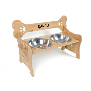 Özel İsim Baskılı, Ahşap, Kademeli, Çelik Kaseli, Eğimli, Büyük Irk Köpek Mama - Su Kabı-2*1000 Ml.