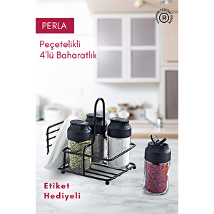 Perla Metal Standlı Peçetelik Hazneli 4'lü Çift Kapaklı Cam Baharatlık Seti - Baharat Takımı