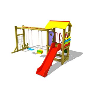 Bir Kuleli, Düz Kaydıraklı, Üç Salıncaklı Ahşap Çocuk Parkı