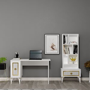 Norra Çalişma Masasi Ve Ki̇taplik Takimi Beyaz-Altın Beyaz gold