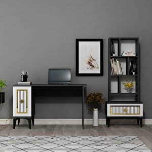 Norra Çalişma Masasi Ve Ki̇taplik Takimi Antrasit-Beyaz-Altın Antrasit Beyaz