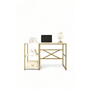Arnis Gold Metal Bilgisayar Laptop Çalışma Masası Raflı 120 Cm Mermer Desen As23-ge