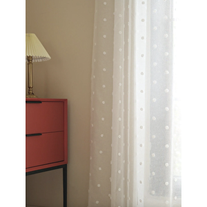 Keten Ponpon Puantiyeli Tül Perde Pilesiz Rustik/ Korniş Uyumlu