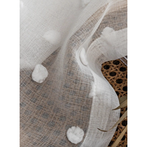 Keten Ponpon Puantiyeli Tül Perde Pilesiz Rustik/ Korniş Uyumlu