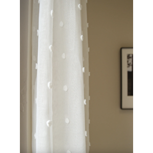 Keten Ponpon Puantiyeli Tül Perde Pilesiz Rustik/ Korniş Uyumlu 600x250 cm