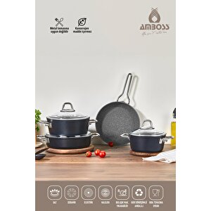 Crystal 7 Parça Granit Çift Renkli Tencere Seti - Siyah