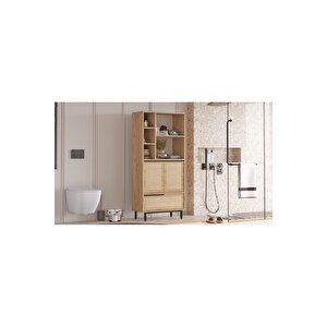 Leena Banyo Dolabı Çok Amaçlı Dolap 3 Kapaklı Metal Ayaklı Uv Baskı Sepet-jüt La9c-su