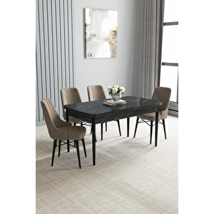 Zümra Serisi, Siyah Mermer Desen 80x132 Açılabilir Mdf Mutfak Masası Takımı 4 Adet Sandalye Cappucino