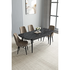 Zümra Serisi, Siyah Mermer Desen 80x132 Açılabilir Mdf Mutfak Masası Takımı 4 Adet Sandalye Cappucino