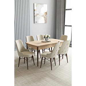 Zümra Serisi, Meşe Desen 80x132 Açılabilir Mdf Mutfak Masası Takımı 6 Adet Sandalye Krem