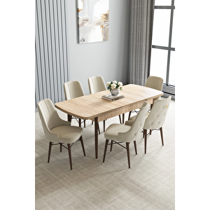 Zümra Serisi, Meşe Desen 80x132 Açılabilir Mdf Mutfak Masası Takımı 6 Adet Sandalye Krem