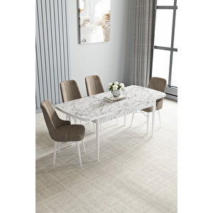 Zümra Serisi, Beyaz Mermer Desen 80x132 Açılabilir Mdf Mutfak Masası Takımı 4 Adet Sandalye Cappucino