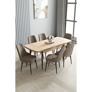 Zümra Serisi, Meşe Desen 80x132 Açılabilir Mdf Mutfak Masası Takımı 6 Adet Sandalye Cappucino