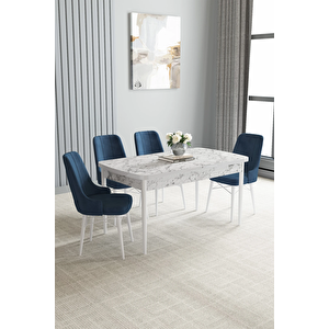 Zümra Serisi, Beyaz Mermer Desen 80x132 Açılabilir Mdf Mutfak Masası Takımı 4 Adet Sandalye Lacivert