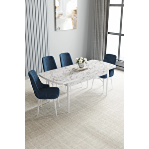 Zümra Serisi, Beyaz Mermer Desen 80x132 Açılabilir Mdf Mutfak Masası Takımı 4 Adet Sandalye Lacivert