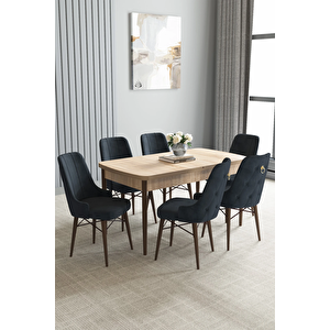Zümra Serisi, Meşe Desen 80x132 Açılabilir Mdf Mutfak Masası Takımı 6 Adet Sandalye Antrasit