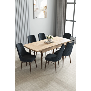 Zümra Serisi, Meşe Desen 80x132 Açılabilir Mdf Mutfak Masası Takımı 6 Adet Sandalye Antrasit