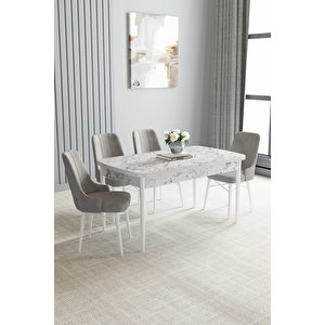 Zümra Serisi, Beyaz Mermer Desen 80x132 Açılabilir Mdf Mutfak Masası Takımı 4 Adet Sandalye Gri