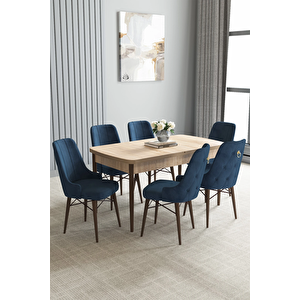 Zümra Serisi, Meşe Desen 80x132 Açılabilir Mdf Mutfak Masası Takımı 6 Adet Sandalye Lacivert