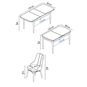 Zümra Serisi, Meşe Desen 80x132 Açılabilir Mdf Mutfak Masası Takımı 6 Adet Sandalye