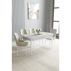 Zümra Serisi, Beyaz Mermer Desen 80x132 Açılabilir Mdf Mutfak Masası Takımı 4 Adet Sandalye Krem
