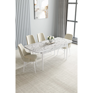 Zümra Serisi, Beyaz Mermer Desen 80x132 Açılabilir Mdf Mutfak Masası Takımı 4 Adet Sandalye Krem