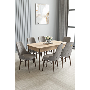 Zümra Serisi, Meşe Desen 80x132 Açılabilir Mdf Mutfak Masası Takımı 6 Adet Sandalye Gri
