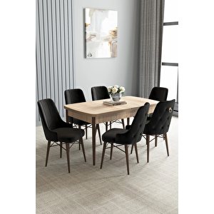 Zümra Serisi, Meşe Desen 80x132 Açılabilir Mdf Mutfak Masası Takımı 6 Adet Sandalye Siyah