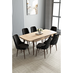 Zümra Serisi, Meşe Desen 80x132 Açılabilir Mdf Mutfak Masası Takımı 6 Adet Sandalye Siyah