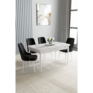 Zümra Serisi, Beyaz Mermer Desen 80x132 Açılabilir Mdf Mutfak Masası Takımı 4 Adet Sandalye Siyah