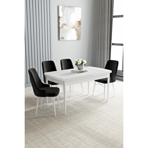 Zümra Serisi, Beyaz 80x132 Açılabilir Mdf Mutfak Masası Takımı 4 Adet Sandalye Siyah