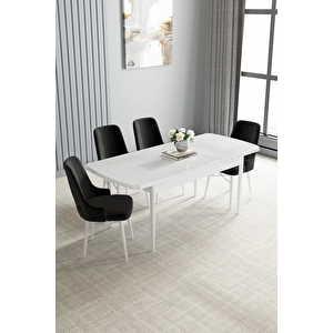 Zümra Serisi, Beyaz 80x132 Açılabilir Mdf Mutfak Masası Takımı 4 Adet Sandalye Siyah