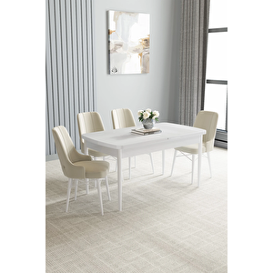 Zümra Serisi, Beyaz 80x132 Açılabilir Mdf Mutfak Masası Takımı 4 Adet Sandalye Krem