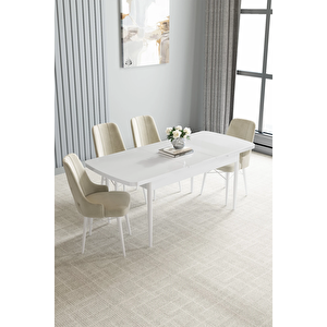 Zümra Serisi, Beyaz 80x132 Açılabilir Mdf Mutfak Masası Takımı 4 Adet Sandalye Krem