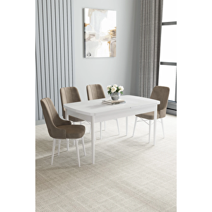 Zümra Serisi, Beyaz 80x132 Açılabilir Mdf Mutfak Masası Takımı 4 Adet Sandalye Cappucino